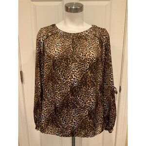 Michael Kors Brown Animal Print Shirt W/ Gold Button Detail at Neck, Size 8 (US)